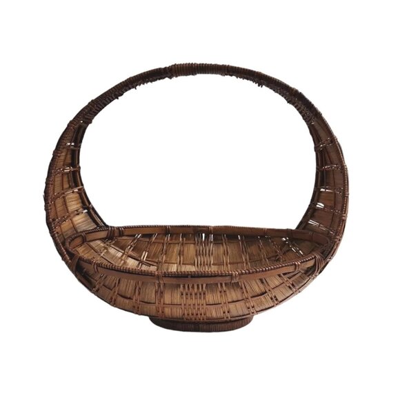 Vtg Rattan Pedestal Gondola Basket Wicker Boat Oval Table Top Decor Cottagecore - Picture 1 of 12